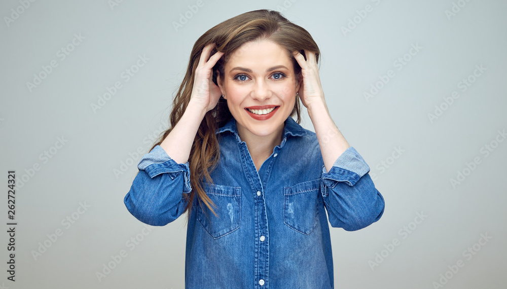 portrait of smiling beautiful woman with curly long hair.