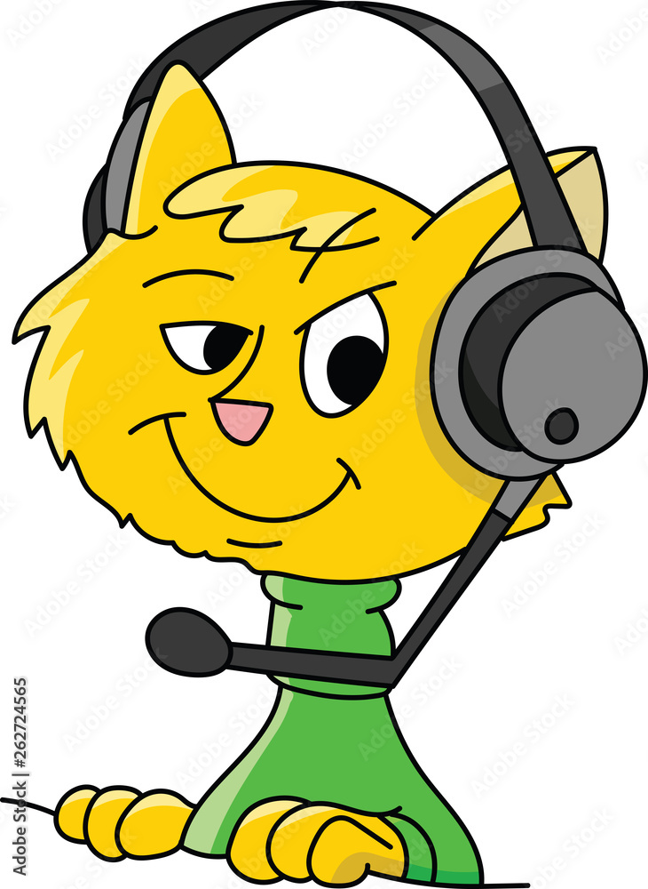Cartoon cat character with a headset on his head giving customer support service vector illustration Cartoon cat character with a headset on his head giving customer support service vector illustration
