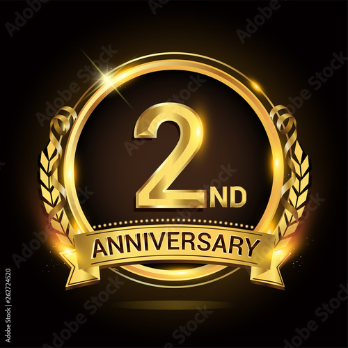 2nd golden anniversary logo, 2 years anniversary celebration with ring and ribbon, Golden anniversary laurel wreath design.