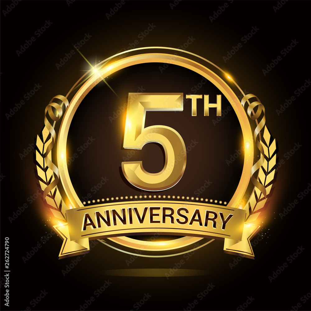 5th golden anniversary logo, 5 years anniversary celebration with ring and ribbon, Golden anniversary laurel wreath design.