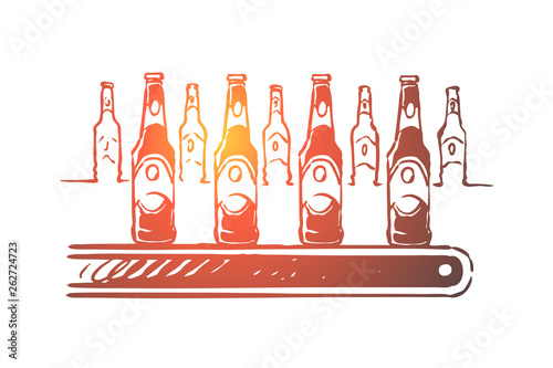 Alcohol factory, lager manufacturing process, bottling workshop, ale bottles with labels on conveyor line, finished product
