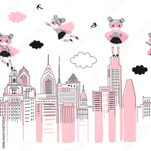 Supergirls cartoon characters in the city fly above and stand on buildings. Girlish Superhero themed seamless border pattern. Vector doodle graphics. Perfect for little girl design like t-shirt