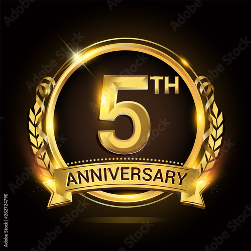 5th golden anniversary logo, 5 years anniversary celebration with ring and ribbon, Golden anniversary laurel wreath design.