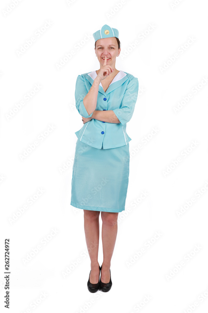 Stewardesse - Charming and smiling Stewardess Dressed In blue Uniform ask for silence and attention - Isolated on white background Stewardesse - Charming and smiling Stewardess Dressed In blue Uniform ask for silence and attention - Isolated on white background