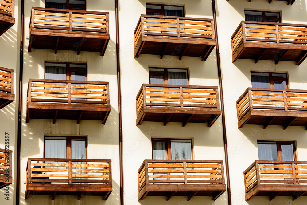The appearance of the hotel is beautiful, extremely complex, perspective, balconies. The appearance of the hotel is beautiful, extremely complex, perspective, balconies.
