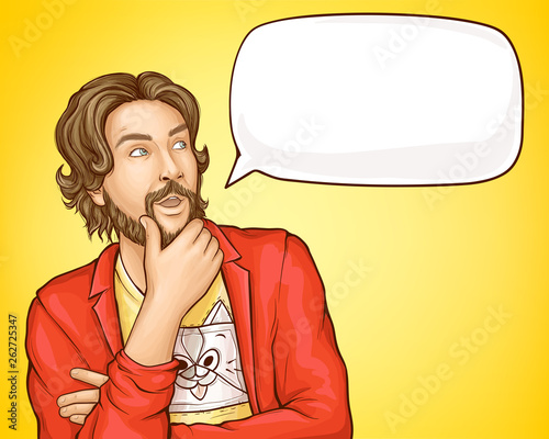 Bearded hipster man in fashioned clothing whats up to something with fingers at his lips and empty speech bubble. Pensive guy on yellow background in pop art retro comic book style vector Illustration