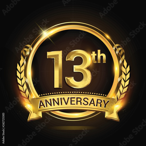 13th golden anniversary logo, 13 years anniversary celebration with ring and ribbon, Golden anniversary laurel wreath design.