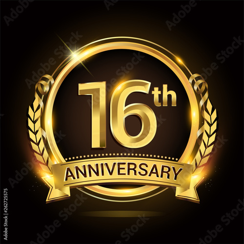 16th golden anniversary logo, 16 years anniversary celebration with ring and ribbon, Golden anniversary laurel wreath design.