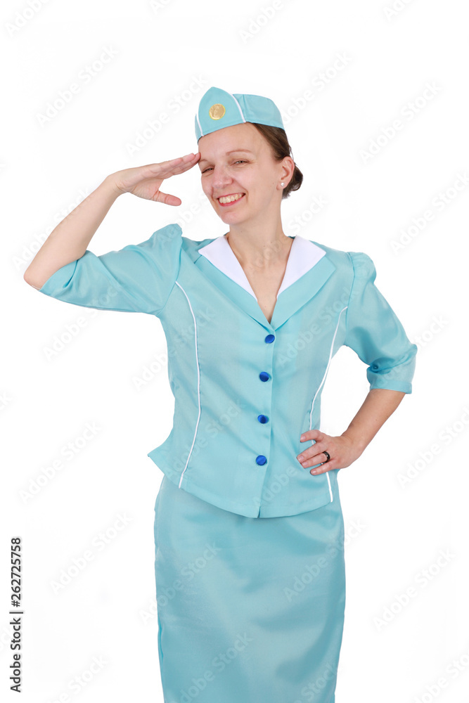 Stewardesse - Portrait of charming and smiling stewardess wearing in the blue uniform. Isolated on white background Stewardesse - Portrait of charming and smiling stewardess wearing in the blue uniform. Isolated on white background
