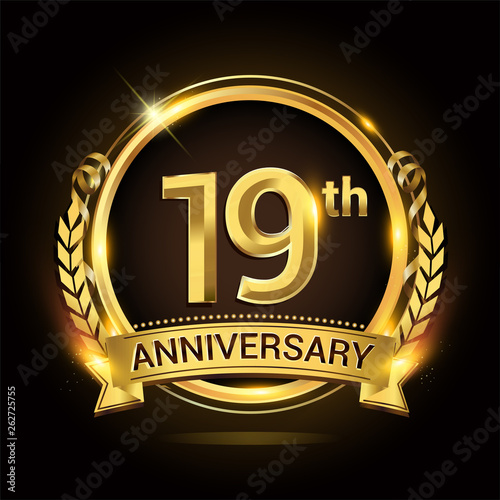 19th golden anniversary logo, 19 years anniversary celebration with ring and ribbon, Golden anniversary laurel wreath design.