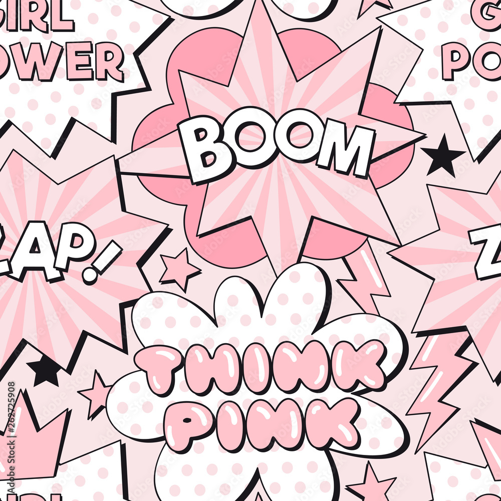 Pop art comic fight supergirl power text bubbles. Girlish Superhero themed seamless pattern. Vector doodle graphics. Perfect for little girl design like t-shirt textile fabric print birtday party