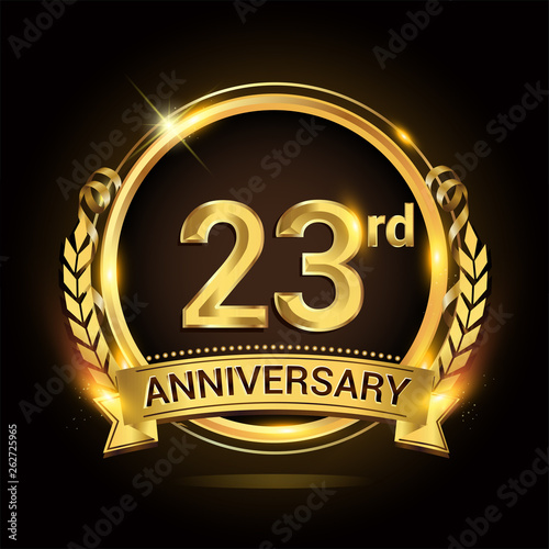 23rd golden anniversary logo, 23 years anniversary celebration with ring and ribbon, Golden anniversary laurel wreath design.