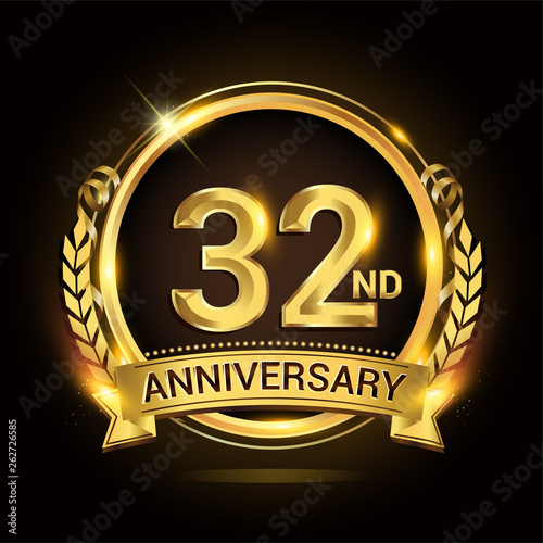 32nd golden anniversary logo, 32 years anniversary celebration with ring and ribbon, Golden anniversary laurel wreath design.