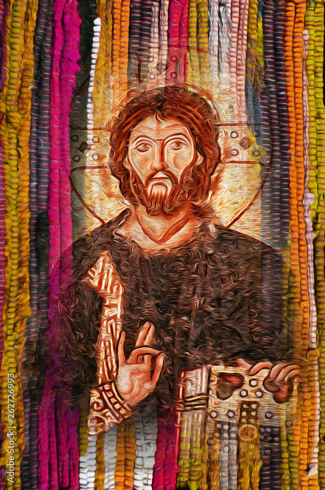 Obraz premium Jesus Christ image on colourful yellow orange fabric texture background