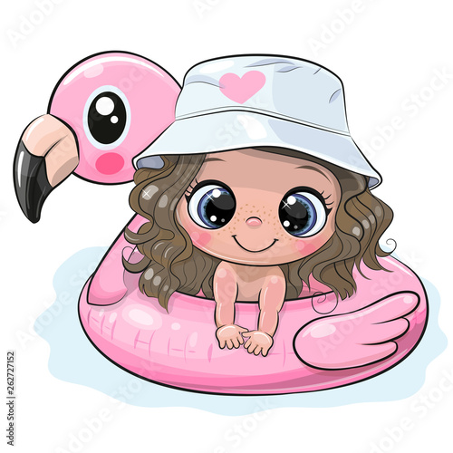 Cartoon girl swimming on pool ring inflatable flamingo