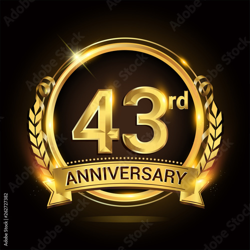 43rd golden anniversary logo, 43 years anniversary celebration with ring and ribbon, Golden anniversary laurel wreath design.