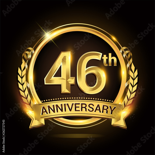 46th golden anniversary logo, 46 years anniversary celebration with ring and ribbon, Golden anniversary laurel wreath design.