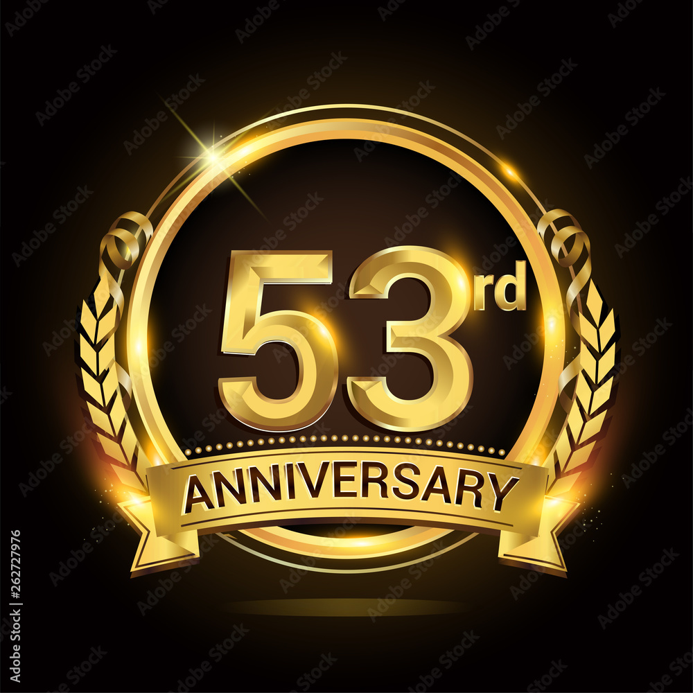 53rd golden anniversary logo, 53 years anniversary celebration with ring and ribbon, Golden anniversary laurel wreath design. 53rd golden anniversary logo, 53 years anniversary celebration with ring and ribbon, Golden anniversary laurel wreath design.
