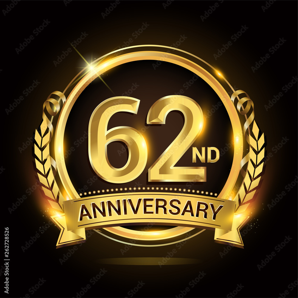 62nd golden anniversary logo, 62 years anniversary celebration with ring and ribbon, Golden anniversary laurel wreath design. 62nd golden anniversary logo, 62 years anniversary celebration with ring and ribbon, Golden anniversary laurel wreath design.