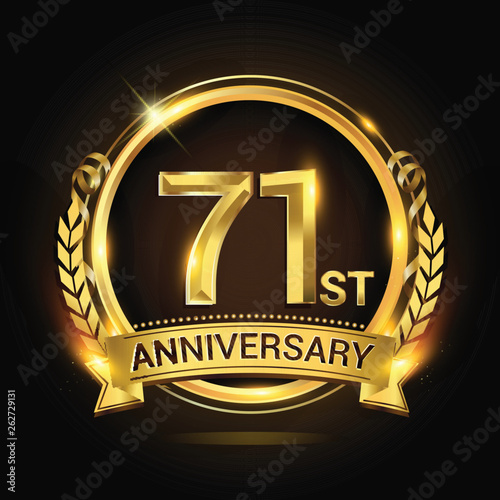 71st golden anniversary logo, 71 years anniversary celebration with ring and ribbon, Golden anniversary laurel wreath design.