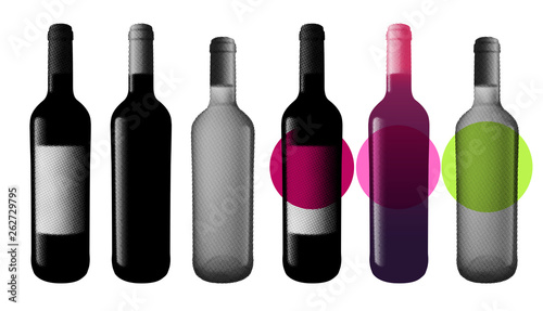 Illustration of wine bottle with dot pattern, retro 80's style, halftone. For the design of brochures, posters, invitations or banners.