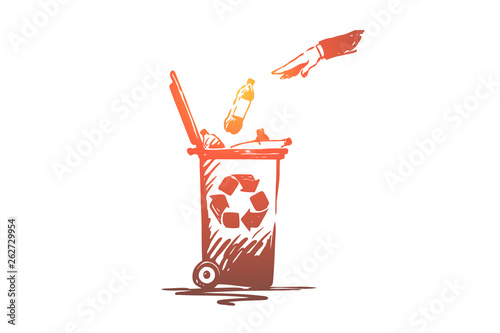 Hand throwing plastic bottle into trash container, dumpster, ecology care, pollution reduce