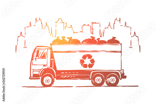 Garbage truck, lorry, automobile with litter bags, zero waste, ecology preservation, pollution prevention