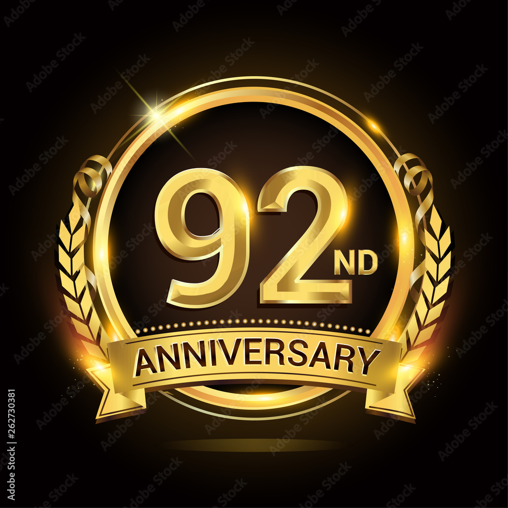 92nd golden anniversary logo, 92 years anniversary celebration with ring and ribbon, Golden anniversary laurel wreath design. 92nd golden anniversary logo, 92 years anniversary celebration with ring and ribbon, Golden anniversary laurel wreath design.