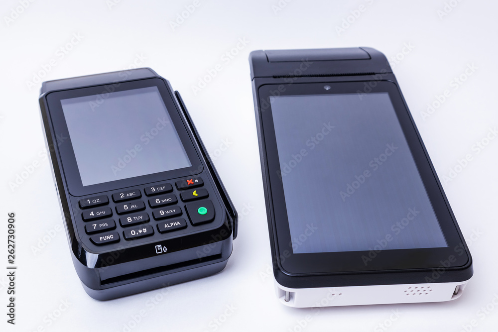 Pos terminal and online ticket office on a white background. Banking equipment. Acquiring. Acceptance of bank credit cards. Contactless payment. Pos terminal and online ticket office on a white background. Banking equipment. Acquiring. Acceptance of bank credit cards. Contactless payment.