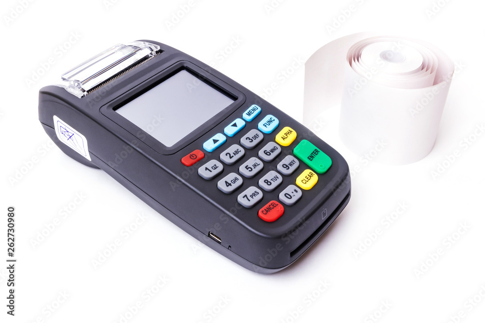 Pos terminal and thermal tape on a white background. Banking equipment. Acquiring. Acceptance of bank credit cards. Contactless payment. Pos terminal and thermal tape on a white background. Banking equipment. Acquiring. Acceptance of bank credit cards. Contactless payment.