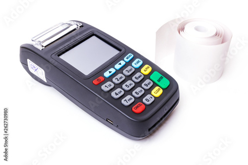Pos terminal and thermal tape on a white background. Banking equipment. Acquiring. Acceptance of bank credit cards. Contactless payment.