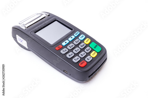 Pos terminal on a white background. Banking equipment. Acquiring. Acceptance of bank credit cards. Contactless payment.
