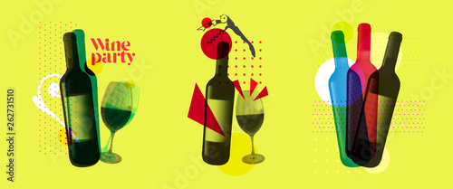 Idea for wine event. Illustration of bottle and wine glass with dotted pattern, retro 80s style, bright colors, pop art. For brochures, posters, invitations or banners.
