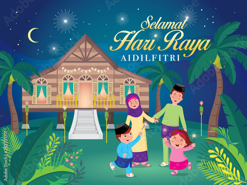 vector illustration with cute muslim family having fun with sparklers and traditional malay village house. Malay word "selamat hari raya aidilfitri" that translates to wishing you a joyous hari raya.