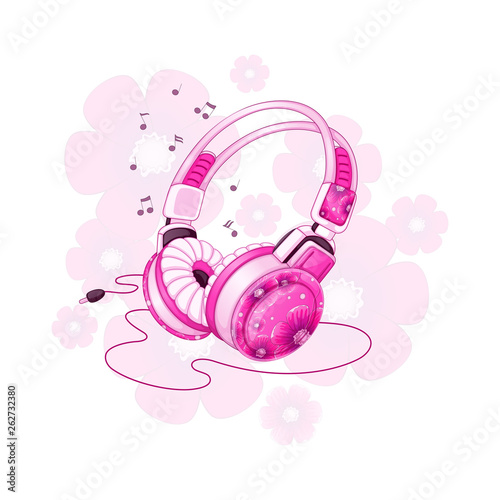 Stylish stereo headphones with a pink floral design. Musical accessories for sports. Vector cartoon illustration.