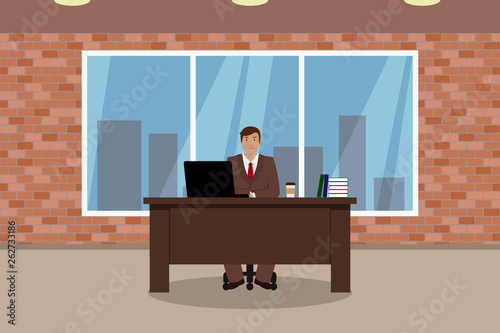 Caucasian man working in his office. Vector illustration.