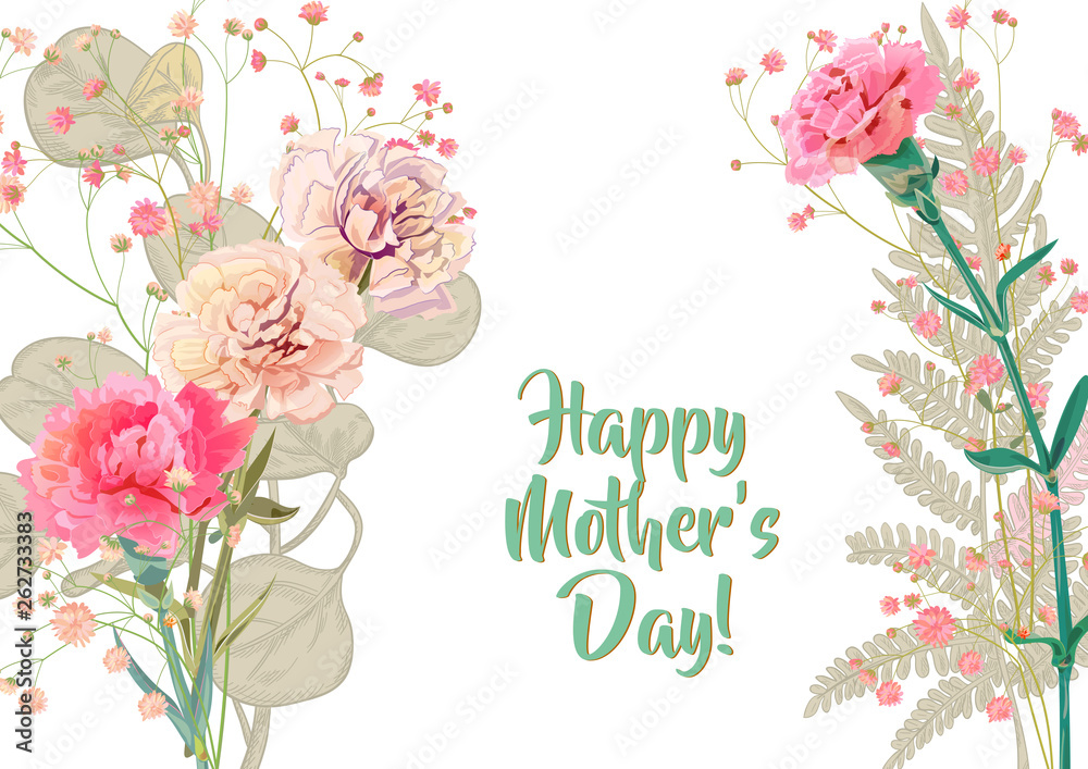 Horizontal Mother's Day card with carnation: pale, red, pink, flowers, twigs gypsophile, fern, eucalyptus, white background. Templates for design, botanical illustration in watercolor style, vector
