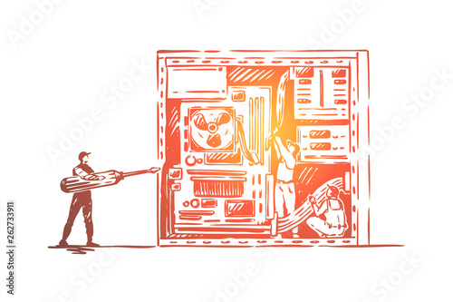 Tiny people fixing pc system unit, technical support, hardware parts replacement, dust cleaning