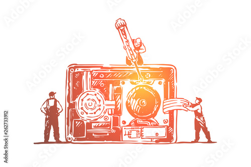 Tiny technicians fixing old fashioned camera, repair shop, handyman working with screwdriver