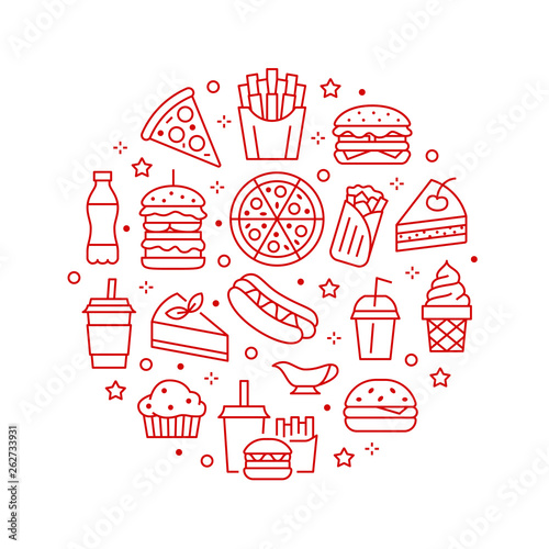 Fast food circle illustration with flat line icons. Thin vector signs for restaurant menu poster - burger, french fries, soda, pizza, hot dog, cheesecake, coffee, ice cream. Junk food concept