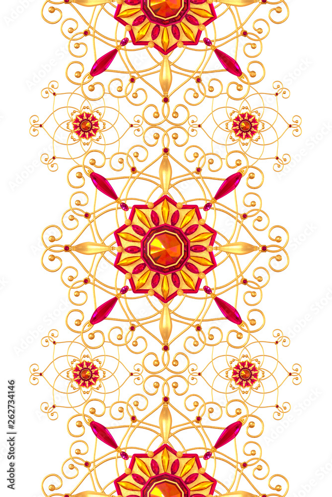 3d rendering. Golden stylized flowers, shiny curls, paisley element, seamless pattern. Oriental style arabesques. Brilliant lace. Openwork weaving delicate.