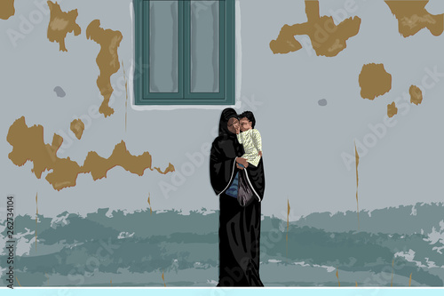 Young mother in black abaya and hijab stands near an old, dirty, shabby wall, holding little baby. Poor refugee woman with infant under window - vector.