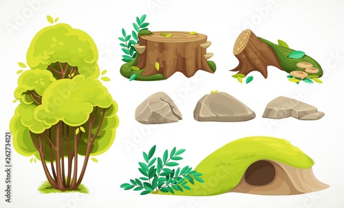 Set of natural summer objects big bush, hill with hole, stones and moss-covered stumps on white background