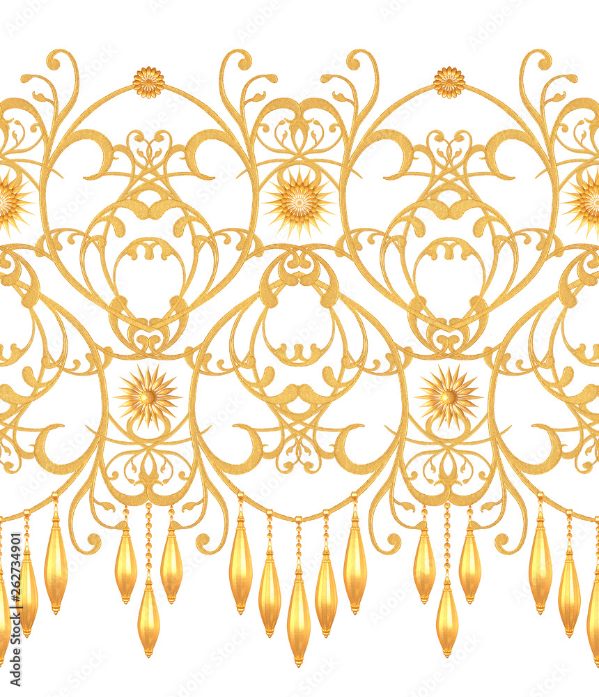 3d rendering. Golden stylized flowers, delicate shiny curls, paisley element, seamless pattern. Oriental style arabesques. Brilliant lace. Openwork weaving delicate, pendant on a chain.