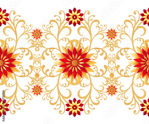 3d rendering. Golden stylized flowers  delicate shiny curls  paisley element  seamless pattern. Oriental style arabesques. Brilliant lace. Openwork weaving delicate  golden background.