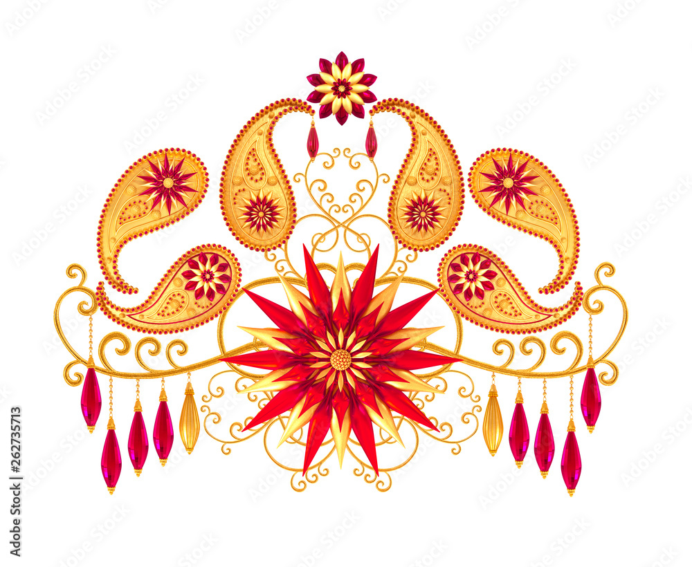 Fototapeta premium 3d rendering. Golden stylized flowers, delicate shiny curls, paisley element Oriental style arabesques. Brilliant lace. Openwork weaving delicate, raspberry pendant on chain. Turkish Indian cucumber.