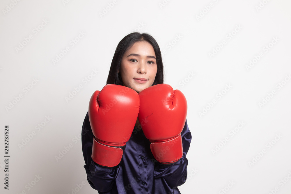 Young Asian woman with red boxing gloves. Young Asian woman with red boxing gloves.