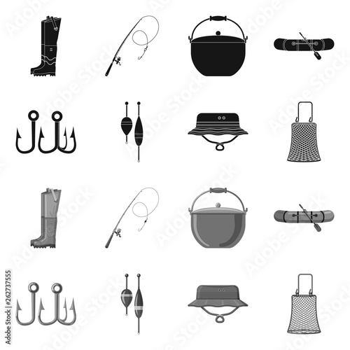 Vector illustration of fish and fishing sign. Set of fish and equipment stock symbol for web.