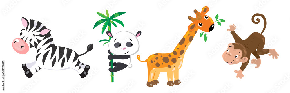 Fototapeta premium Funny animals set. Giraffe, panda monkey and zebra