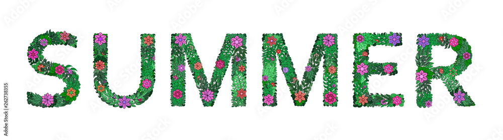 The inscription SUMMER of plant elements on a white background. Spring Alphabet. Set of letters. Signboard, invitation, congratulations, party organization. Vector illustration.